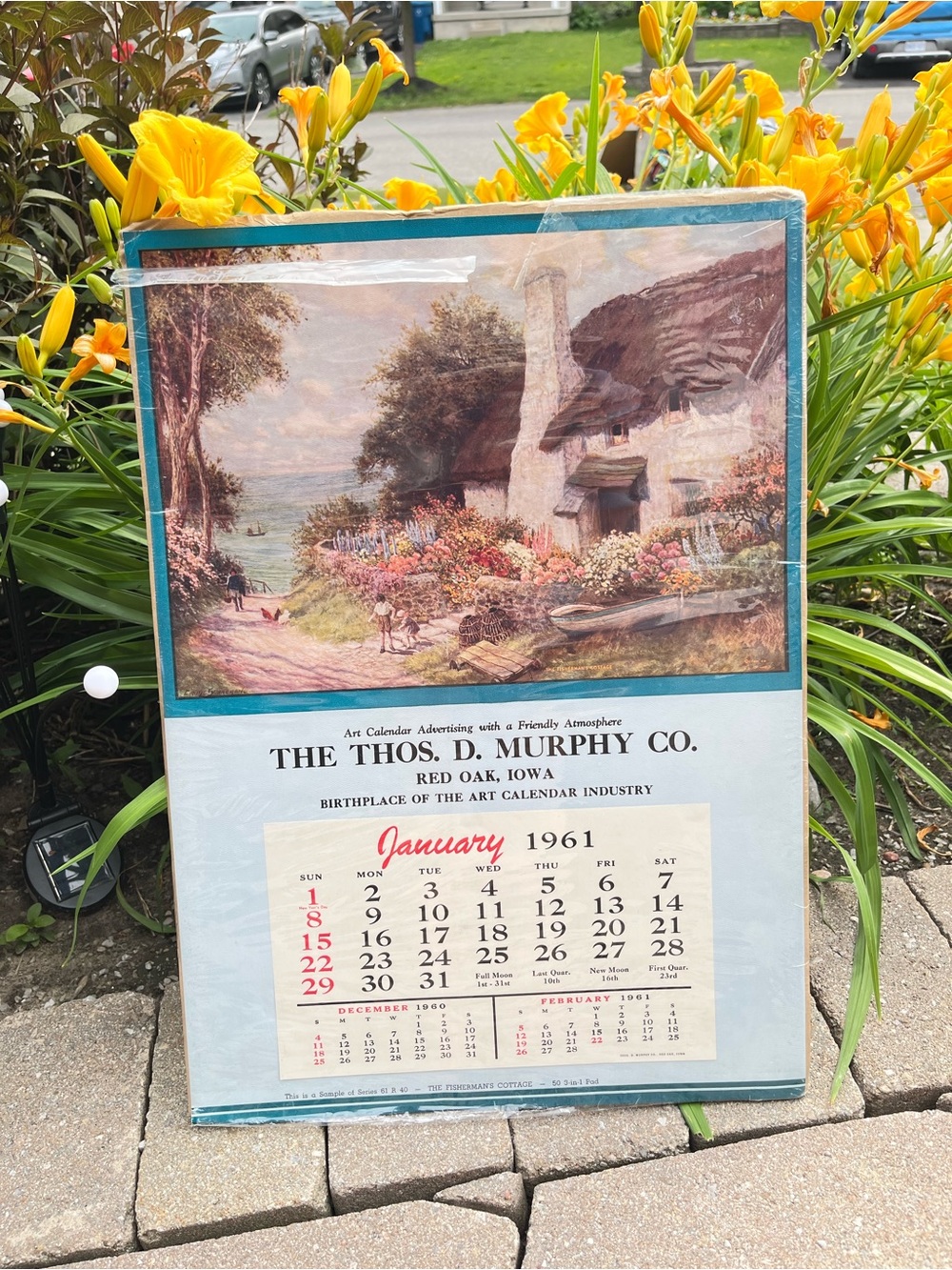 Vintage Wall Calendar page 1961 thatched roof English cottage Teal & White